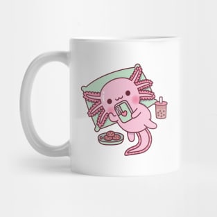 Cute Axolotl Chilling With Handphone Boba Tea And Cookies Mug